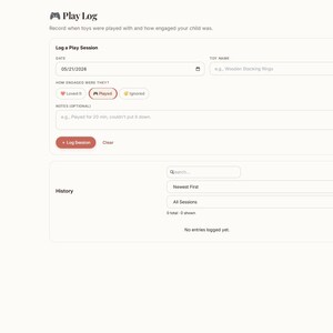 May include: A digital interface titled Play Log for Toy Tracker Studio. The screen features fields to log a play session including date, toy name, engagement level with options for loved, played, or ignored, and a notes section with a log session button.