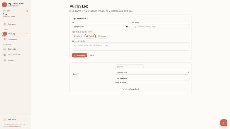 May include: A digital interface titled Play Log for Toy Tracker Studio. The screen features fields to log a play session including date, toy name, engagement level with options for loved, played, or ignored, and a notes section with a log session button.