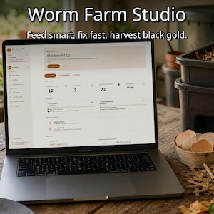 May include: A laptop displaying the Worm Farm Studio dashboard with the text Feed smart, fix fast, harvest black gold. The screen shows data metrics, while a black plastic bin, eggshells, and gardening tools are visible on the wooden surface.