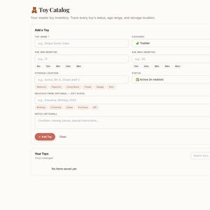 May include: A digital interface for Toy Tracker Studio displaying a Toy Catalog page. The form includes fields for toy name, category, age range, storage location, status, received from, and notes, with an Add Toy button at the bottom.