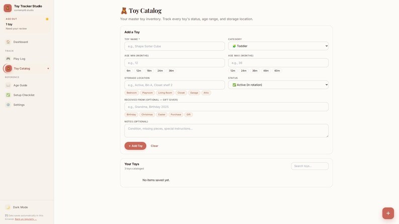 May include: A digital interface for Toy Tracker Studio displaying a Toy Catalog page. The form includes fields for toy name, category, age range, storage location, status, received from, and notes, with an Add Toy button at the bottom.