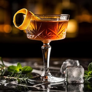Pu&ograve; includere: Un cocktail color ambra servito in una coppa di cristallo con motivo a stella. La bevanda &egrave; guarnita con una scorza d'arancia a spirale. Vicino ci sono cubetti di ghiaccio, rametti di rosmarino fresco e foglie di menta su una superficie scura.