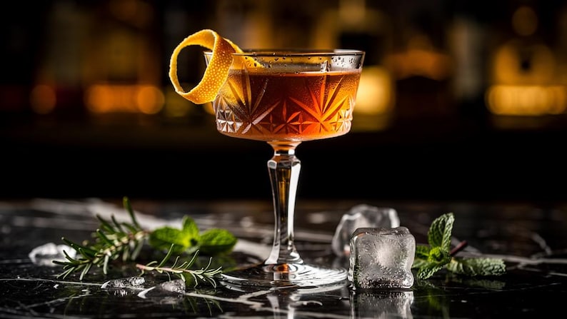 Pu&ograve; includere: Un cocktail color ambra servito in una coppa di cristallo con motivo a stella. La bevanda &egrave; guarnita con una scorza d'arancia a spirale. Vicino ci sono cubetti di ghiaccio, rametti di rosmarino fresco e foglie di menta su una superficie scura.