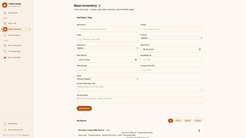 May include: A digital interface titled Bean Inventory for a coffee tracking application. The layout includes a sidebar with navigation links and a main form for adding coffee bean details such as name, roaster, origin, process, roast level, date, and weight.