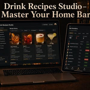 Pu&ograve; includere: Un computer portatile e un tablet che mostrano l'interfaccia del software Drink Recipes Studio con una libreria di ricette e un inventario. Lo schermo mostra cocktail come Old Fashioned e Negroni, insieme a un badge dorato personalizzato.