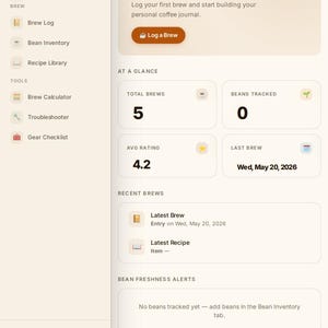 May include: A digital coffee tracking dashboard interface featuring a sidebar with navigation links for Brew Log, Bean Inventory, Recipe Library, Brew Calculator, Troubleshooter, and Gear Checklist. The main area displays stats for total brews, beans tracked, average rating, and recent brew entries.