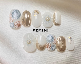 Japanse bloemenpers op nagels – Luxe blauwgrijze Sakura-gouden kimonoset