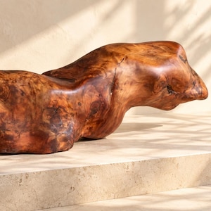 May include: A horizontal sculpture carved from a single piece of polished brown wood with a natural grain pattern. The object features an elongated, organic shape with smooth, flowing curves and a hollow opening near the left side of the base.