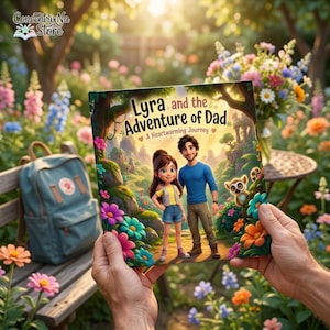 May include: A square children's book titled Lyra and the Adventure of Dad: A Heartwarming Journey, featuring an illustration of a young girl and a man standing in a vibrant forest with a lemur, surrounded by colorful flowers and trees.