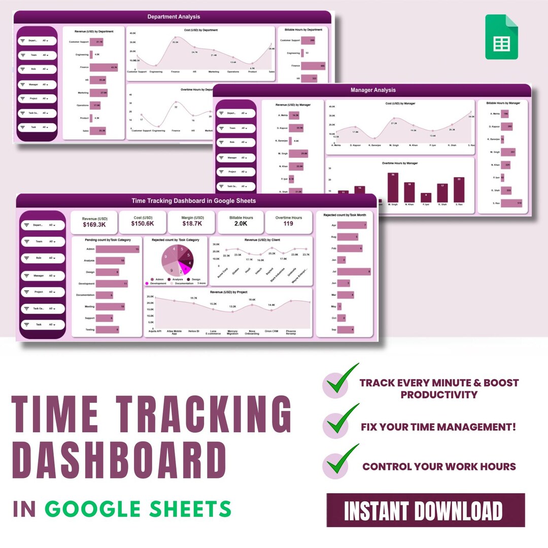 Time Tracking Dashboard | Google Sheets Time Tracker | Project Hours ...