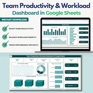 Puede incluir: Una pantalla de portátil muestra un "Panel de productividad y carga de trabajo del equipo en Google Sheets". El panel presenta gráficos, incluidos gráficos de barras y de líneas. El texto incluye "Aumentar la productividad del equipo", "Equilibrar la carga de trabajo de forma inteligente".