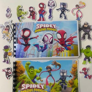 May include: Two spiral-bound notebooks featuring Spidey and His Amazing Friends graphics, surrounded by various character stickers including Hulk, Black Panther, and Spider-Man. The covers display colourful cartoon scenes with the show's logo.