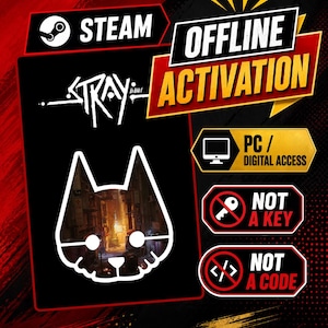 以下が含まれることがあります： Stray Steamオフラインアクティベーション用のデジタル製品グラフィック。黒い背景に白い猫の頭の輪郭、Strayのロゴ、そしてPC/Digital Access、Not a Key、Not a Codeと書かれた赤と黄色のテキストボックスが配置されています。