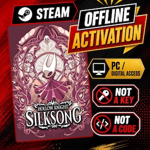 Puede incluir: Un gráfico de producto digital para Hollow Knight Silksong con un personaje de máscara blanca en un marco púrpura ornamentado. El texto incluye STEAM, OFFLINE ACTIVATION, PC / DIGITAL ACCESS, NOT A KEY y NOT A CODE sobre un fondo rojo y negro.