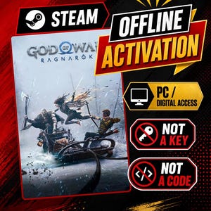 Può includere: Un elenco di prodotti digitali per God of War Ragnarök con attivazione offline di Steam. La grafica include il testo PC/Digital Access, Not a Key e Not a Code, con un'illustrazione di personaggi su una slitta in un paesaggio innevato.