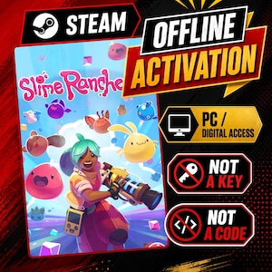 Puede incluir: Un anuncio de juego digital para Slime Rancher con un personaje sosteniendo una herramienta de vacío rodeado de slimes coloridos. El texto incluye STEAM OFFLINE ACTIVATION, PC / DIGITAL ACCESS, NOT A KEY y NOT A CODE sobre un fondo rojo y negro.