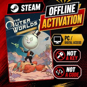 Op de afbeelding: Een digitale gamehoes voor The Outer Worlds Premium Edition met een maanhoofdig personage in smoking dat op een rood wezen staat. Tekst bevat STEAM, OFFLINE ACTIVATION, PC / DIGITAL ACCESS, NOT A KEY en NOT A CODE op een rode achtergrond.
