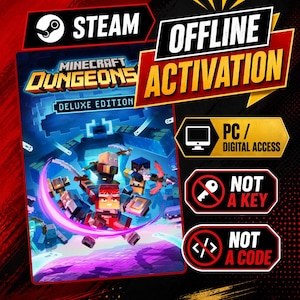 Puede incluir: Un listado de producto digital para Minecraft Dungeons Deluxe Edition en Steam, con activación offline. El gráfico incluye el texto PC/Digital Access, Not a Key y Not a Code, con personajes de bloques en una mazmorra azul y morada.