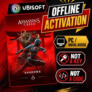 Può includere: Una grafica promozionale per Assassin's Creed Shadows con un samurai e uno shinobi davanti a un portale torii rosso. Il testo include Ubisoft, Offline Activation, PC/Digital Access, Not a Key e Not a Code con icone associate.