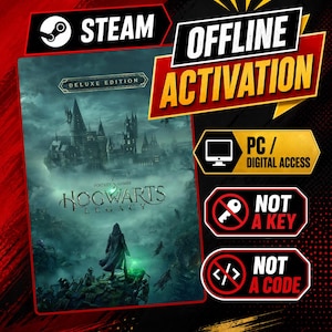 May include: A digital product listing for Hogwarts Legacy Deluxe Edition on Steam, featuring offline activation, PC digital access, and clear text stating it is not a key and not a code, set against a dark red and black graphic background.
