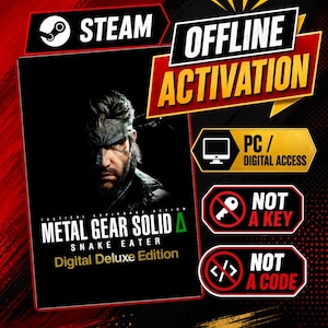 Puede incluir: Un listado de producto digital para Metal Gear Solid Delta: Snake Eater Digital Deluxe Edition en Steam. El gráfico muestra el título del juego, un retrato de personaje y el texto Offline Activation, PC/Digital Access, Not a Key y Not a Code.