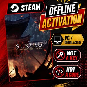 Puede incluir: Un listado de producto digital para Sekiro: Shadows Die Twice en Steam, con activación offline. El gráfico incluye el texto PC/Digital Access, Not a Key y Not a Code, sobre un fondo rojo y negro con arte del videojuego.