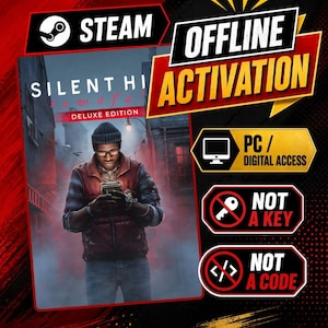 Könnte beinhalten: Eine digitale Produktgrafik für Silent Hill Downpour Deluxe Edition mit Steam Offline Activation. Das Bild enthält die Textbeschriftungen: PC / Digital Access, Not a Key und Not a Code vor einem dunkelroten und schwarzen Hintergrund.