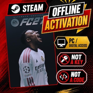 Può includere: Un elenco di prodotti digitali per EA Sports FC 24 Ultimate Edition su Steam, con un calciatore in maglia bianca. Il testo include OFFLINE ACTIVATION, PC / DIGITAL ACCESS, NOT A KEY e NOT A CODE su uno sfondo rosso e nero.