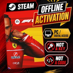 Può includere: Una grafica di prodotto digitale per l'attivazione offline di Steam con un pilota di Formula 1 in tuta da gara rossa. Il testo include STEAM, OFFLINE ACTIVATION, PC / DIGITAL ACCESS, NOT A KEY e NOT A CODE con loghi EA Sports e F1.