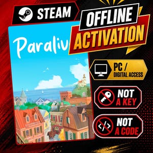 Puede incluir: Un listado de producto digital para la activación offline de Steam del juego Paralives. El gráfico muestra una ilustración de una ciudad costera, con texto que indica Steam Offline Activation, PC Digital Access, Not a Key y Not a Code sobre fondo rojo.