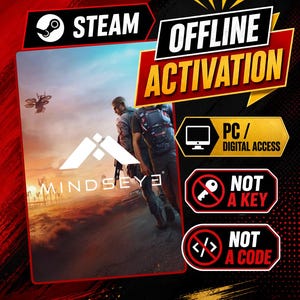 Puede incluir: Un listado de producto digital para Mindseye con el logo de Steam y el texto OFFLINE ACTIVATION. El gráfico incluye etiquetas de PC/DIGITAL ACCESS, NOT A KEY y NOT A CODE, con una escena de juego que muestra a un personaje en un desierto.