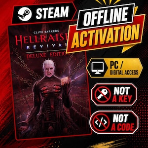 Puede incluir: Un listado de producto digital para Clive Barker's Hellraiser Revival Deluxe Edition con Pinhead rodeado de cadenas. El texto incluye STEAM, OFFLINE ACTIVATION, PC / DIGITAL ACCESS, NOT A KEY y NOT A CODE sobre un fondo rojo y negro.