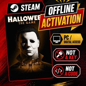 Pode incluir: Uma listagem de produto digital para Halloween The Game no Steam com um gráfico de máscara branca, texto indicando Offline Activation, PC Digital Access, Not A Key e Not A Code, num fundo preto e vermelho com figuras pequenas.