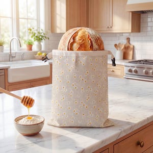 Bolsa grande de encerado para pan artesanal, ideal para conservar pan sin residuos. Almacenamiento sostenible en la cocina. Bolsa de lino lavable.