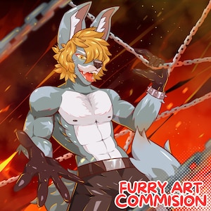 May include: A digital illustration of an anthropomorphic grey wolf character with blonde hair, wearing black pants and a spiked wristband. The character is positioned against a fiery orange background with metallic chains. Text reads FURRY ART COMMISION.