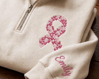 Sudadera con cremallera de un cuarto bordada para concienciar sobre el cáncer de mama: Regalo con lazo