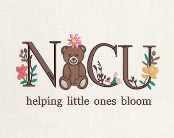 NICU Krankenschwester Teddy Bär Blumen Stickerei Design (Digitale Datei)