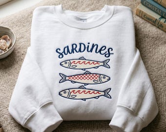 Embroidered Sardines Sweatshirt, Tinned Fish Shirt, Tinned Fishing Tee