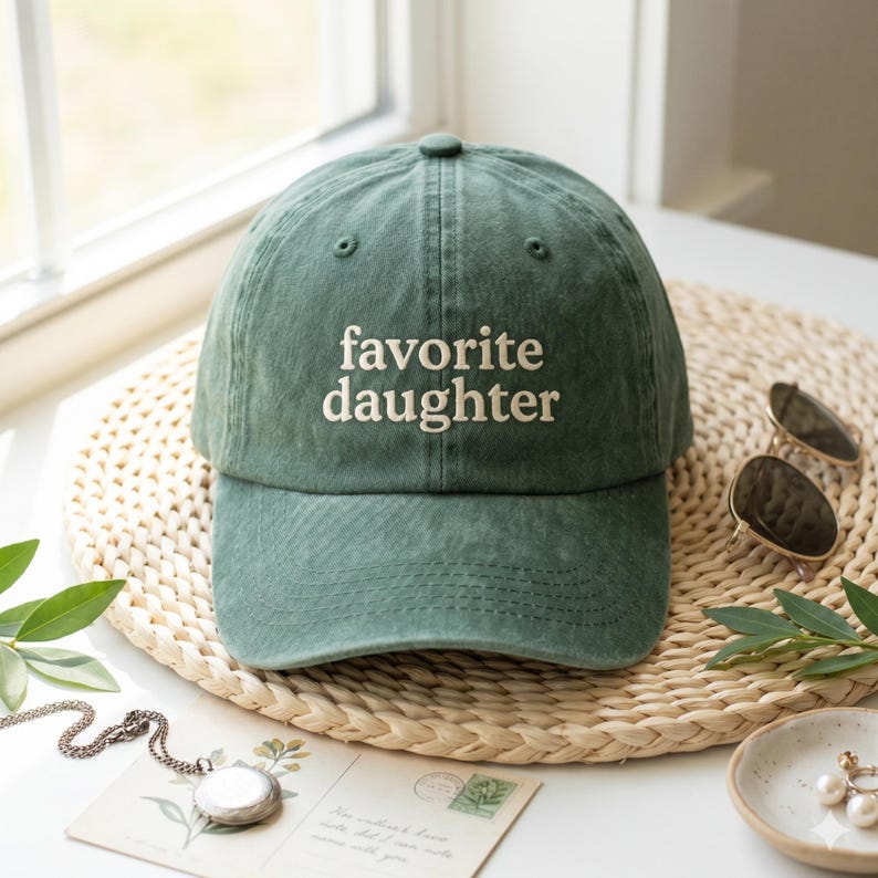 Pode incluir: Bon&eacute; de beisebol verde com as palavras "favorite daughter" bordadas em branco. O chap&eacute;u &eacute; feito de um material macio e tem uma aba curva. O chap&eacute;u est&aacute; em cima de um tapete tecido.