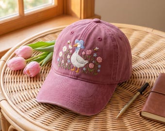 Embroidered Floral Goose Hat, Goose with Pink Flower Wash Dad Cap, Garden Lover Gift