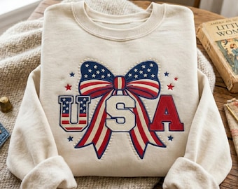 Embroidered USA Bow Sweatshirt, Coquette America Bows Shirt for July 4th, Memorial Day Shirt