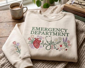 Sweat floral brodé service d'urgence, chemise d'infirmière des urgences, cadeau d'infirmière en médecine d'urgence