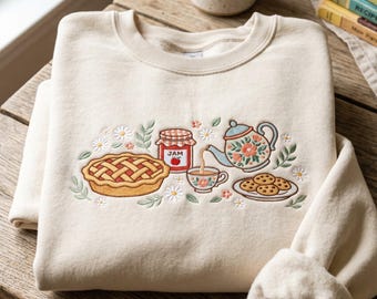 Embroidered Tea Time Sweatshirt, Cottagecore Tea Shirt, Pie Jam Cookie Baking, Vintage Teapot Tees