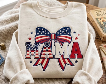 Embroidered Mama 4th Of July Sweatshirt, Patriotic Mom Tee, Independence Day Shirt