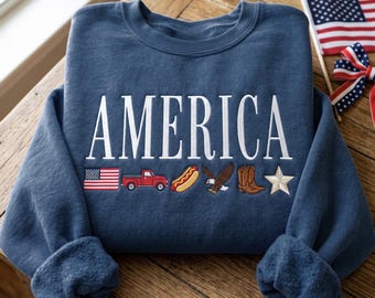 Embroidered America's With Patriotic Icons Sweatshirt, Semiquincentennial USA 250th Anniversary T-Shirt, Patriotic Shirt
