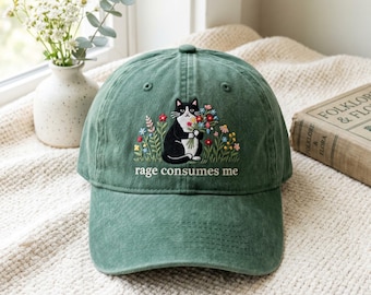 Embroidered Funny Cat Meme Baseball Hat, Floral Rage Consumes Me Hats, Cat Mom Cap