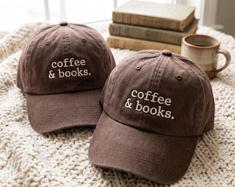 Gorra de béisbol bordada con diseño de libros de café, regalo para profesores amantes del café.