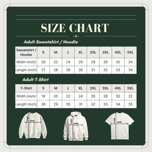 Puede incluir: Tabla de tallas para sudaderas, sudaderas con capucha y camisetas para adultos. La tabla muestra las medidas en cent&iacute;metros de ancho y largo, desde la talla S hasta la 5XL. Incluye ilustraciones.