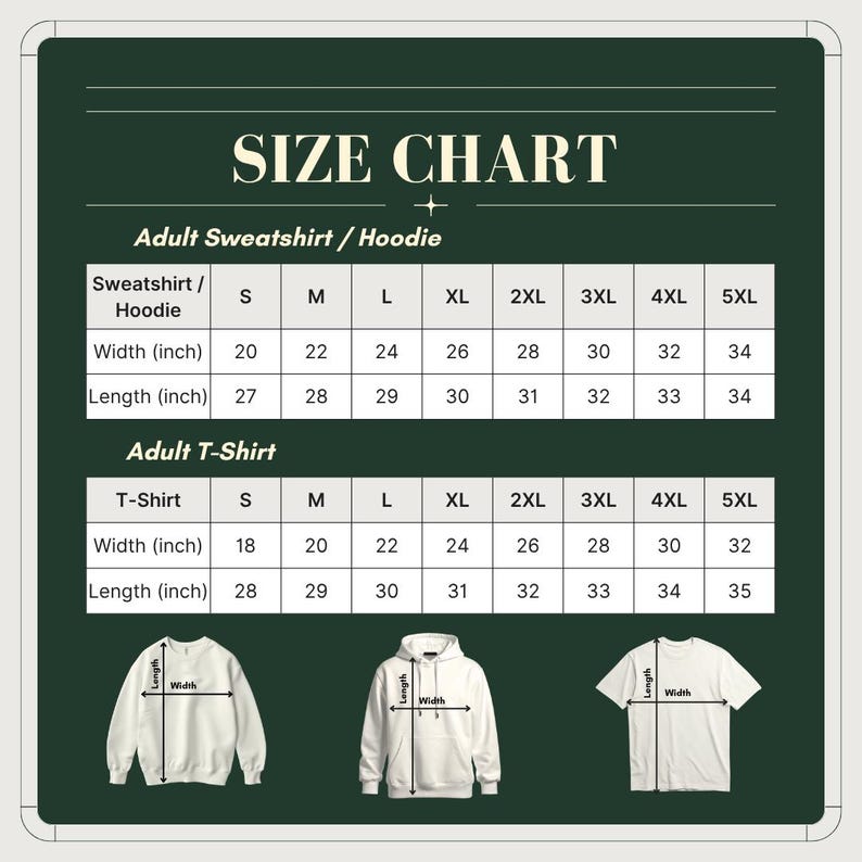 Puede incluir: Tabla de tallas para sudaderas, sudaderas con capucha y camisetas para adultos. La tabla muestra las medidas en cent&iacute;metros de ancho y largo, desde la talla S hasta la 5XL. Incluye ilustraciones.