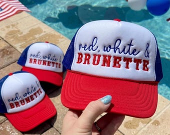 Embroidered Red White Brunette Trucker Hat, Washed Cotton Cap